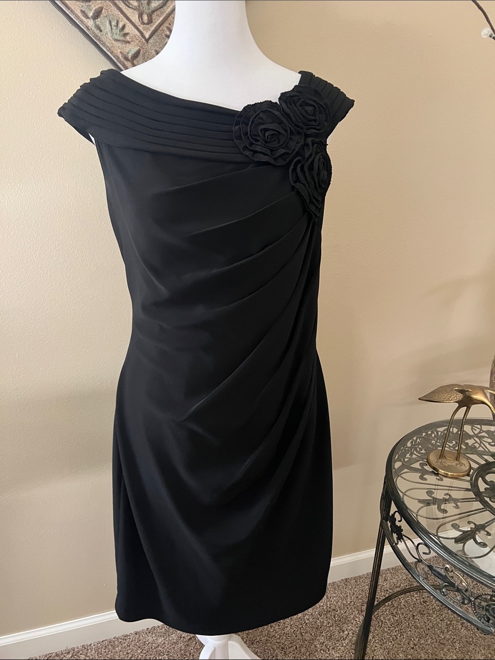 Black Off-Shoulder Midi Dress with Rosette Appliqués